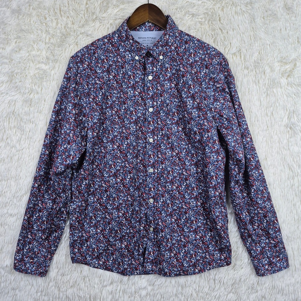 Banana Republic Mens Luxe Poplin Shirt M Untucked Slim Fit Floral Blue Abstract